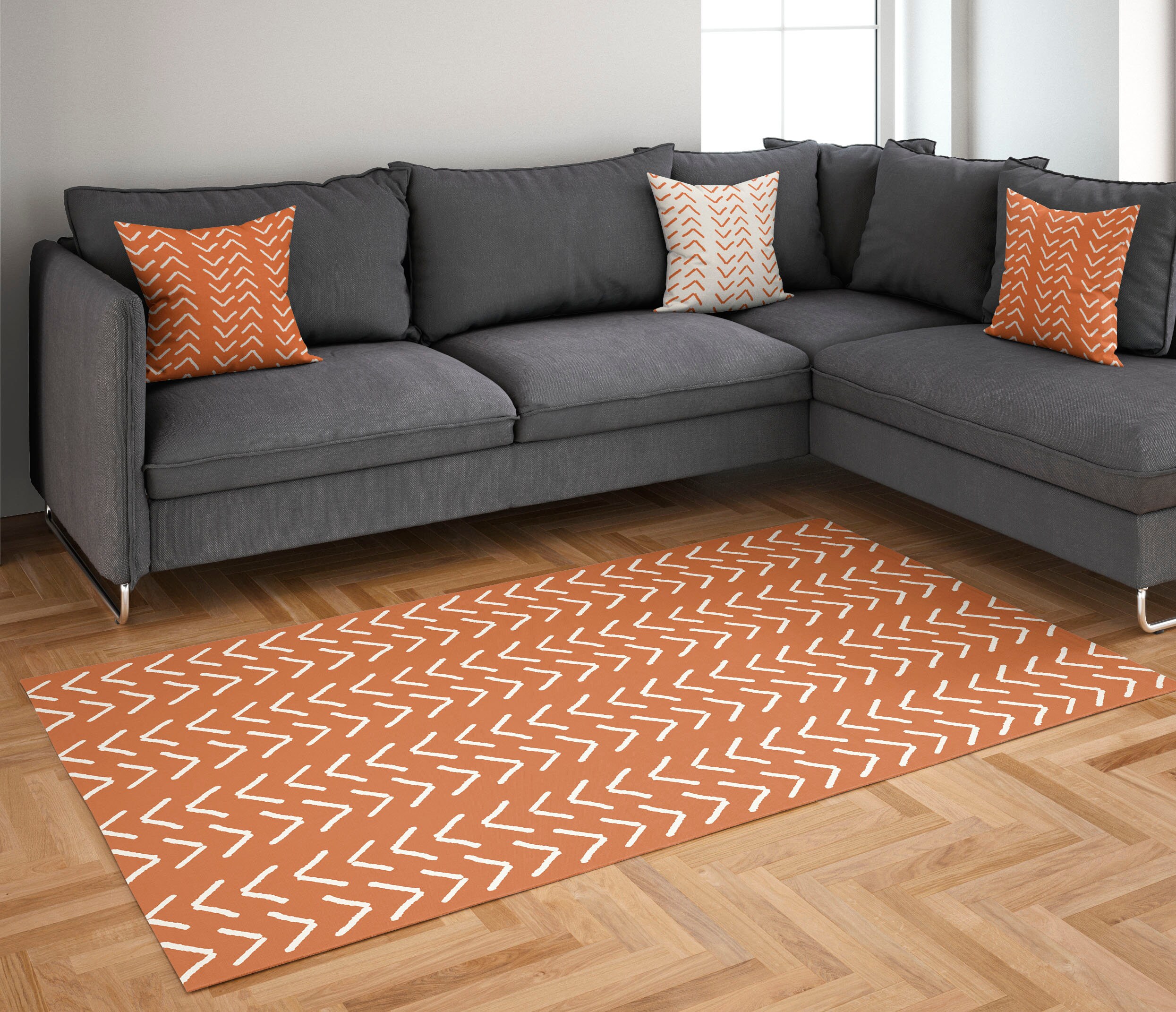 Burnt Orange Mudcloth Inspired Area Rug • Boho Bohemian Thin Chenille ...