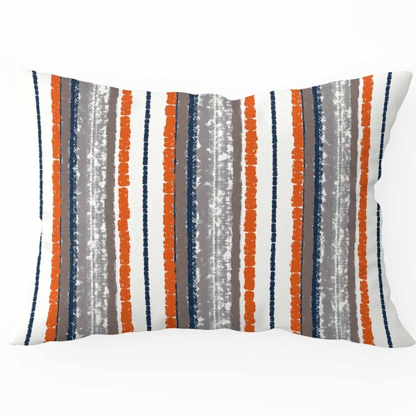 Burnt Orange Gray Navy Throw Pillow Cover • Striped Lumbar Pillow Case 14x20 •  Accent Pillows for Couch