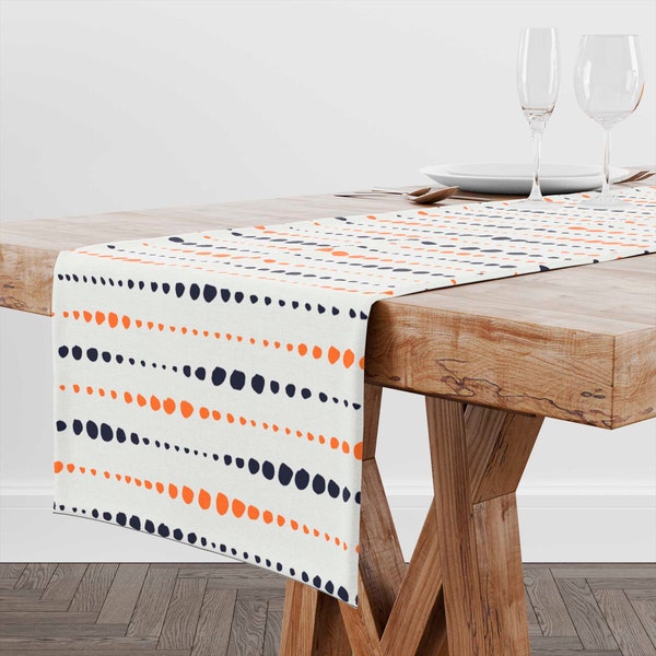 Orange Navy Striped Table Runner for Dining Room Kitchen • Modern Table Runner