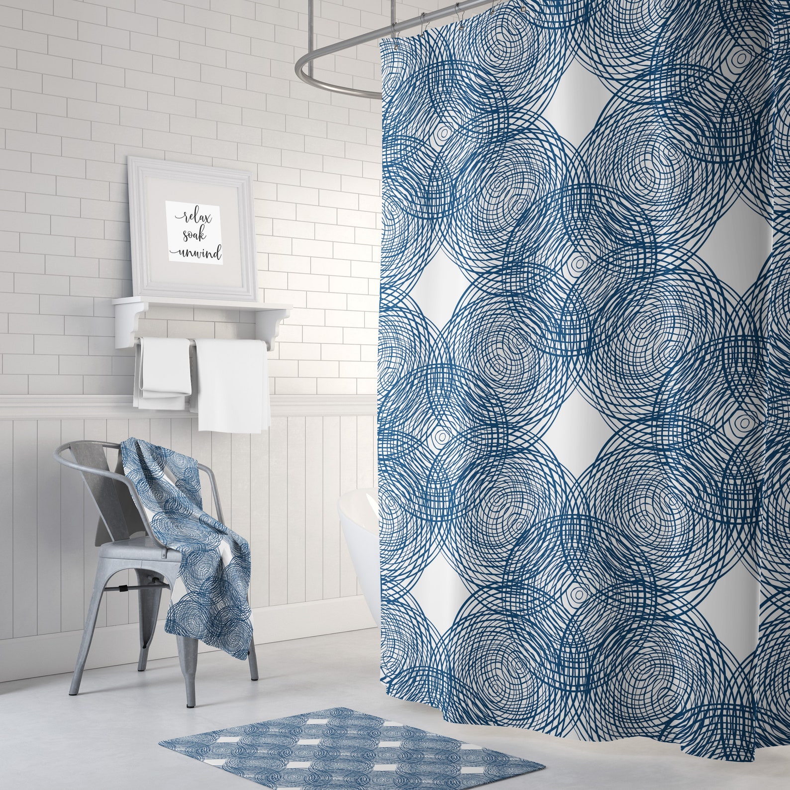 Navy White Shower Curtain Blue Bathroom Decor Etsy