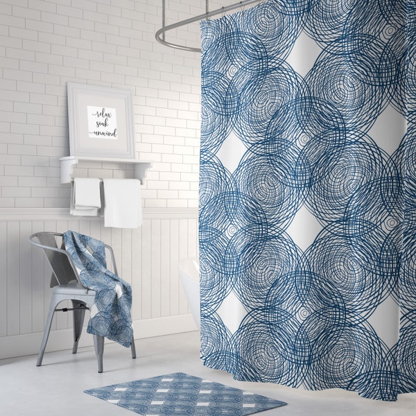 Navy White Shower Curtain Etsy