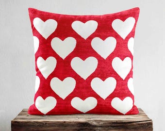 Red & White Heart Throw Pillow Cover • Valentine Day Pillow Cover