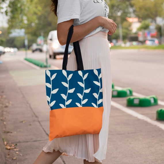 Merci cotton tote bag - Orange & Navy Blue