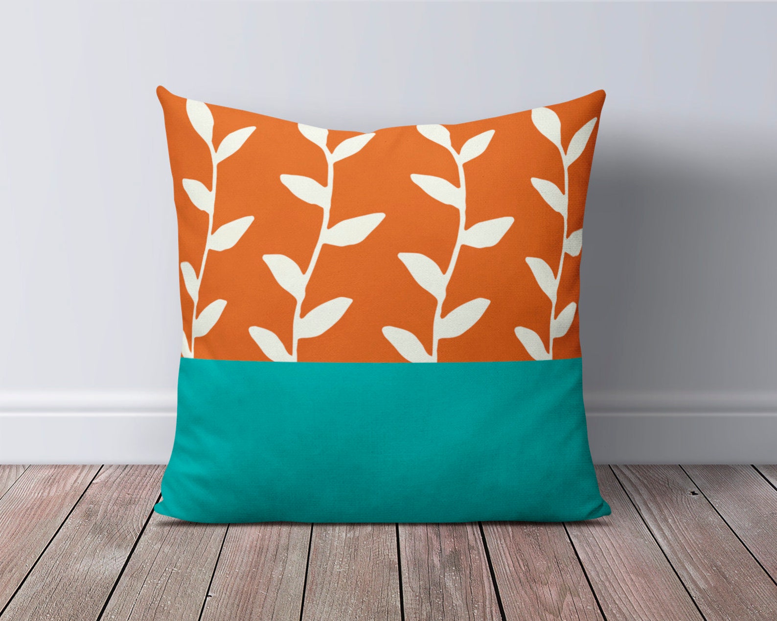 Burnt Orange Teal Floral Throw Pillow Cover Orange Pillow Etsy