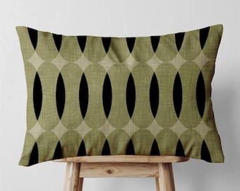 Mid-Century Modern Throw Pillow Cover • Olive Green Black Lumbar Pillow Cover 14x20 •  Decorative Pillows for Couch