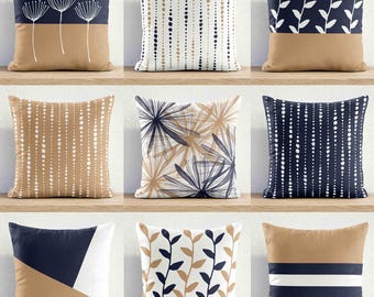 Navy Sand Outdoor Pillow • Water-Resistant Beige Blue Patio Cushion • Geometric Stripe Floral