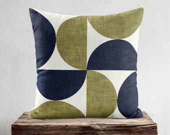 Mid-Century Modern Throw Pillow Cover • Olive Green & Navy Bauhaus Retro Pillow Cover