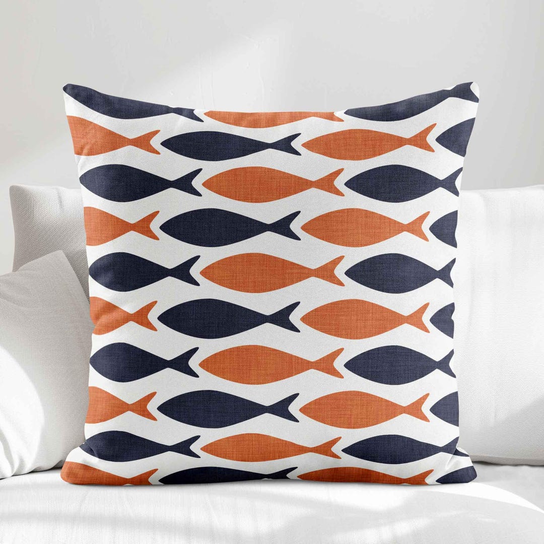 Burnt Orange Navy Fish Throw Pillow Cover • Coastal Beach House