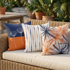 Orange Navy Outdoor Pillow • Water-Resistant Patio Cushion • Porch Throw Pillows
