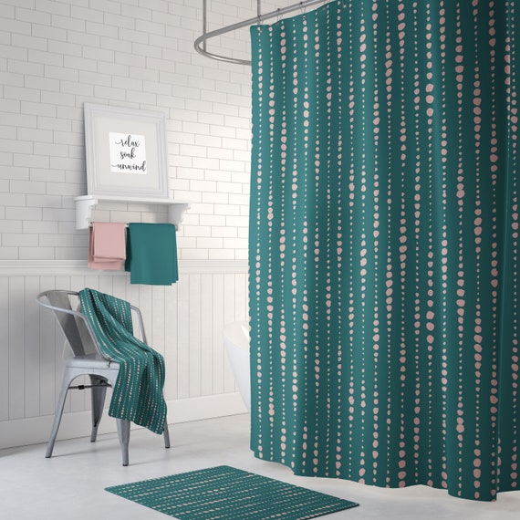 Dusty Pink Dark Teal Shower Curtain Green Bath Curtain Modern Bathroom Decor