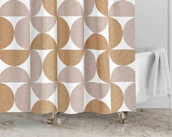 Mid-Century Modern Bauhaus Shower Curtain • Retro 70s Bath Curtain • Beige Brown Bathroom Decor