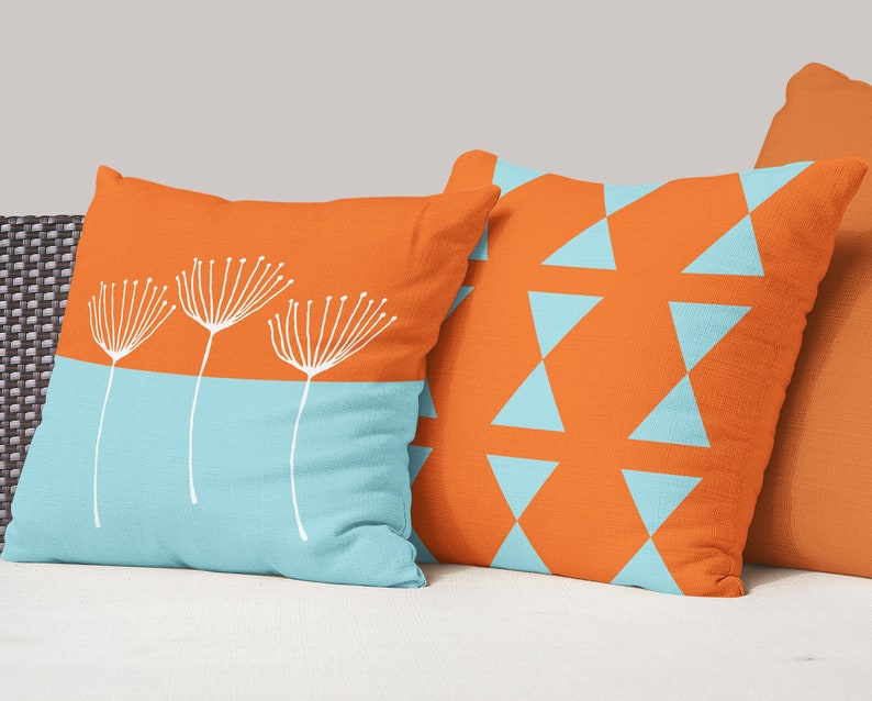 Burnt Orange Teal Blue Throw Pillow Modern Mix and Match Etsy