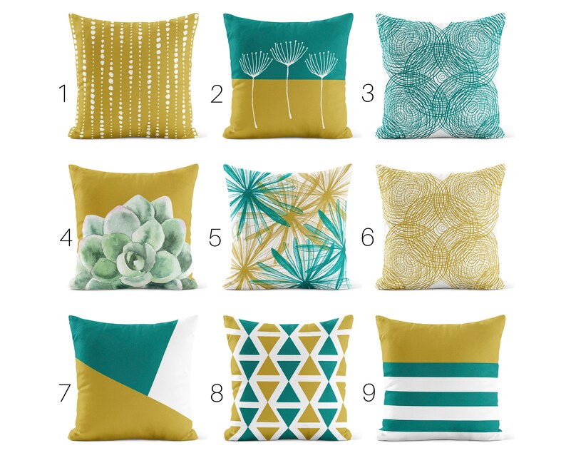 Mustard Teal Outdoor Pillow Patio Cushions Yellow Patio Etsy