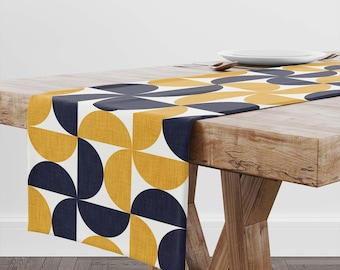 Mid-Century Modern Bauhaus Table Runner • Retro Mustard Yellow & Navy Blue