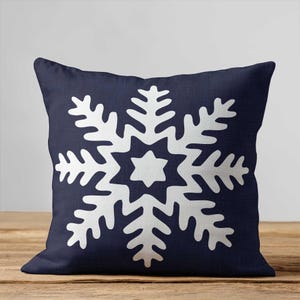 Navy Outdoor Christmas Pillow • Dark Blue Snowflake Porch Patio Cushion • Winter Holiday Pillows 1 Star Snowflake