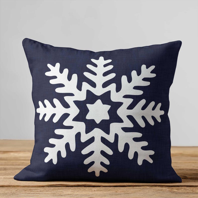Navy Outdoor Christmas Pillow • Dark Blue Snowflake Porch Patio Cushion • Winter Holiday Pillows 1 Star Snowflake
