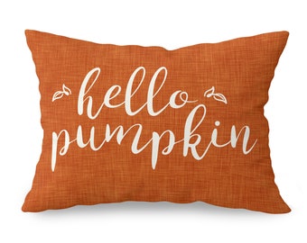 Burnt Orange Hello Pumpkin Throw Pillow Cover • Lumbar Pillow 14x20 • Autumn Fall Accent Pillow • Decorative Pillows for Couch