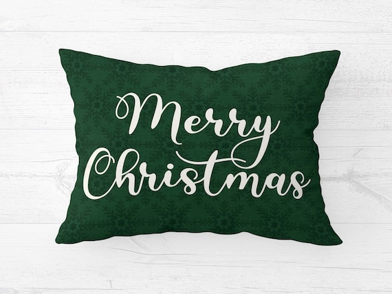 Green Merry Christmas Throw Pillow Cover Lumbar Christmas Pillow Cover  14x20 Christmas Pillows Holiday Pillows 