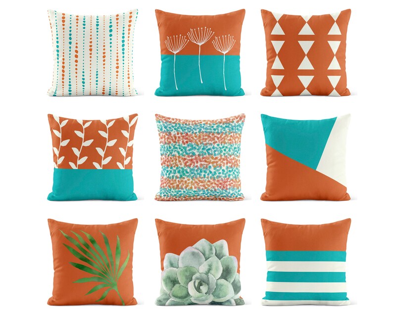 Burnt Orange Teal Outdoor Pillow Patio Cushions Patio Etsy