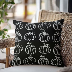 Black and White Pumpkin Outdoor Pillow • Autumn Fall Pillow • Thanksgiving Patio Porch Pillow