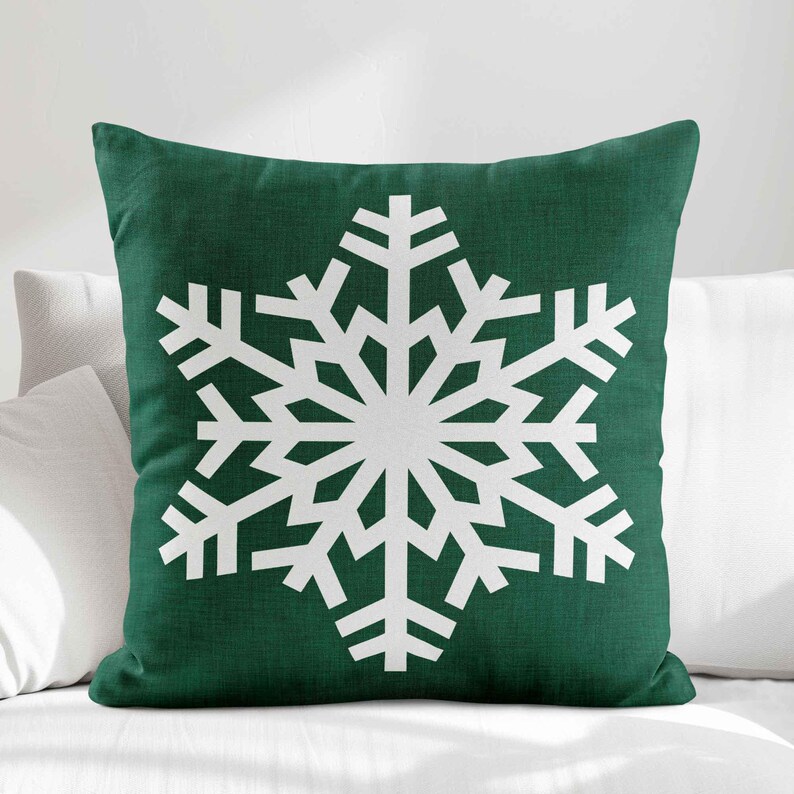 Green Snowflake Christmas Pillow Cover • Winter Pillow Cover • Decorative Holiday Pillow image 5