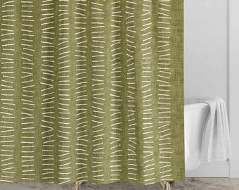 Olive Green Mudcloth Inspired Shower Curtain • Boho Bohemian Bath Curtain