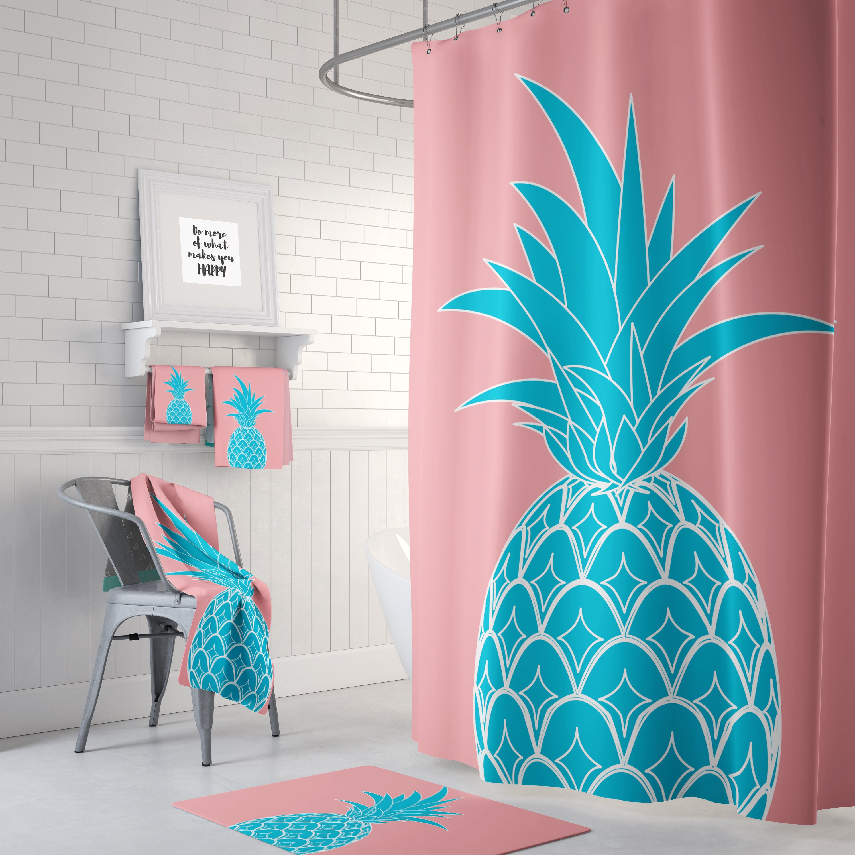 Pink Turquoise Pineapple Shower Curtain Set Modern Bathroom | Etsy