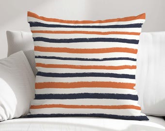 Burnt Orange Navy Throw Pillow Cover • Brush Strokes Striped Pillow Case • Decorative Pillows for Couch