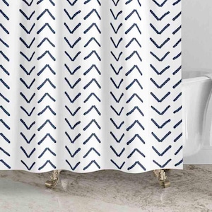 Navy Blue White Mudcloth Print Shower Curtain • Boho Bohemian Bath Curtain • Modern Bathroom Decor
