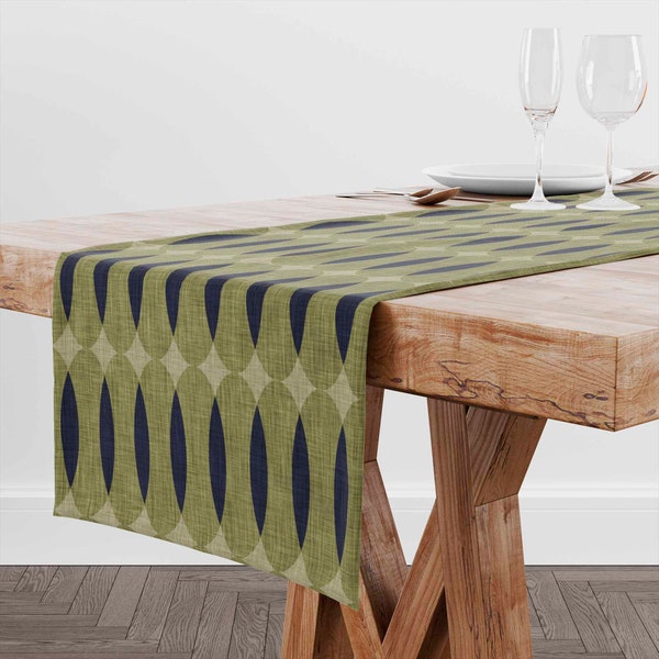 Olive Navy Table Runner • Mid-Century Modern Table Decor Table Top • Green Blue Kitchen Dining Room Decor