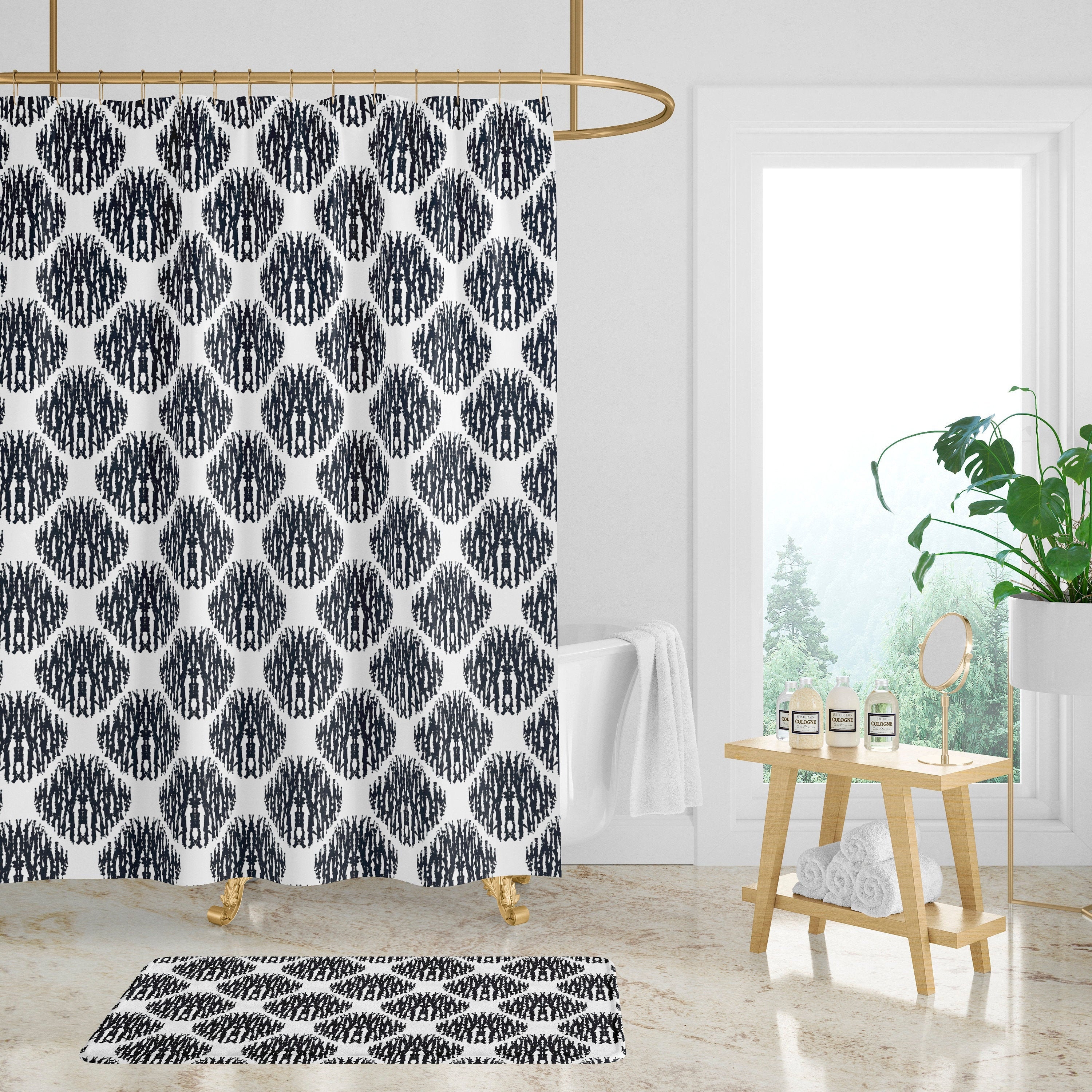 Black White Ikat Print Shower Curtain Farmhouse Bath Curtain Etsy