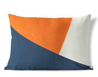 Orange Navy Color Block Throw Pillow Cover • Lumbar Pillow Case 14x20 • Cushion Cover • Modern Accent Pillows for Couch