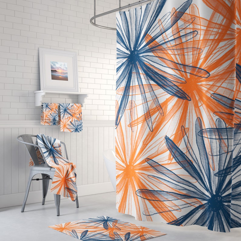 Navy Orange Floral Shower Curtain Modern Bathroom Decor Etsy