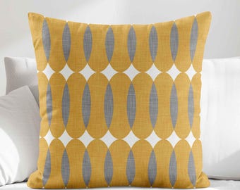 Mustard Mid-Century Modern Throw Pillow Cover •  Yellow Gray Retro Decorative Pillows for Couch