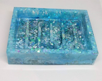 Rectangular Epoxy Resin Soap Dish with Soap-Saving Ridges - Pick Your Favorite Colors and Sparkles