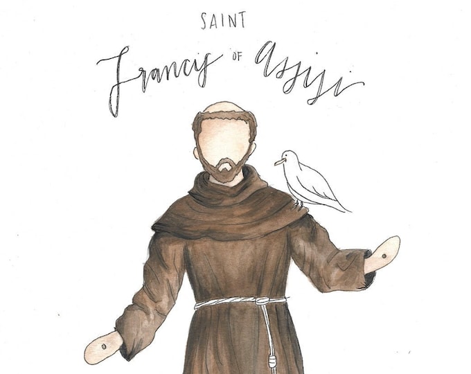 Featured listing image: Saint  Francis of Assisi Painting Mixed Media Watercolor and Pen Simple Faceless Art 8x10 and 4x6 inch sizes