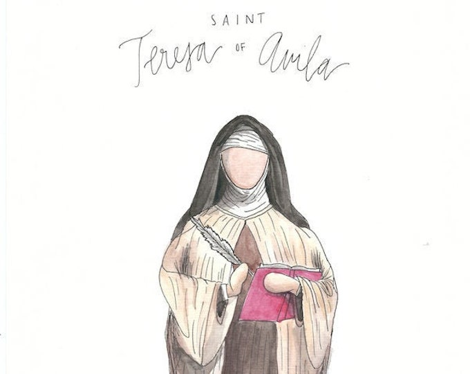 Featured listing image: St Teresa of Avila Saints Painting Mixed Media Watercolor and Pen Simple Faceless Art 8x10 and 4x6 inch sizes