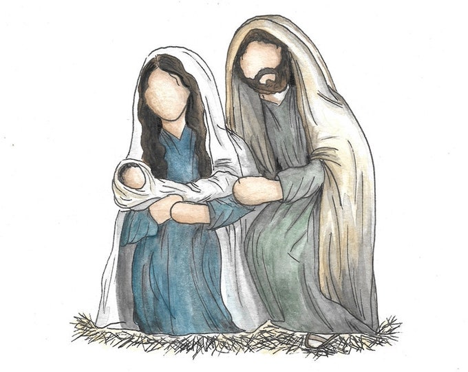Featured listing image: Holy Family Christmas Painting Mixed Media Watercolor and Pen Simple Faceless Art 8x10 and 4x6 inch sizes