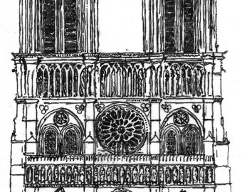 Notre Dame Cathedral, Paris Hand Drawn Pen Drawing on Watercolor Paper 4x6 inch Print