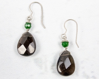 Emerald and Smokey Quartz Drop Earrings with Hypoallergenic Nickel Free Niobium Hooks