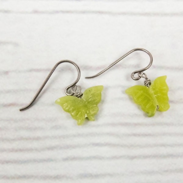 Green Jade Butterfly Earrings | Hypoallergenic & Nickel Free in Niobium, Titanium or Plastic Ear Wires