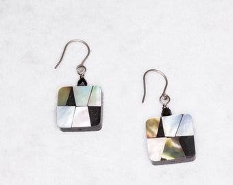 Black and White Mother of Pearl Mosaic Earrings | Hypoallergenic & Nickel Free Earrings in Niobium, Titanium or Plastic