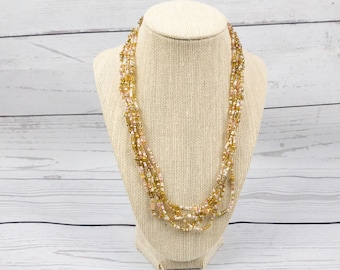 Gold and Pink Multi Strand Long Beaded Necklace | 20 Inches Long, Nickel Free, Hypoallergenic