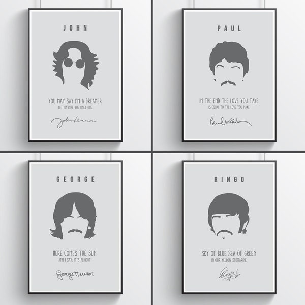 Beatles Print Set of 4 | Paul McCartney, John Lennon, George Harrison, Ringo Starr | Beatles Quote Poster | Beatles Lyrics | Fab 4 Posters