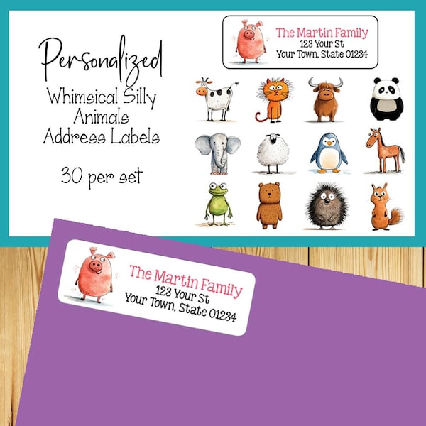 Personalisierte wunderliche Tiere Adressaufkleber, Set von 30