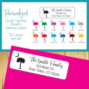 South Carolina Palmetto adresetiketten, palmbomen, palmetto en maan, sets van 30, gepersonaliseerd afbeelding 1