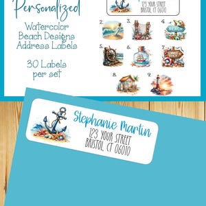 May include: Personalised watercolour beach design address labels. The labels feature various beach-themed illustrations, including anchors, seashells, and lighthouses. The text on the labels reads "Stephanie Martin, 123 Your Street, Bristol, CT 06010".