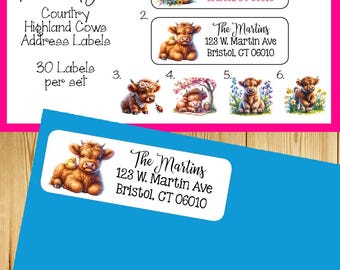 Söta höglandsko-adressetiketter med lantlig design