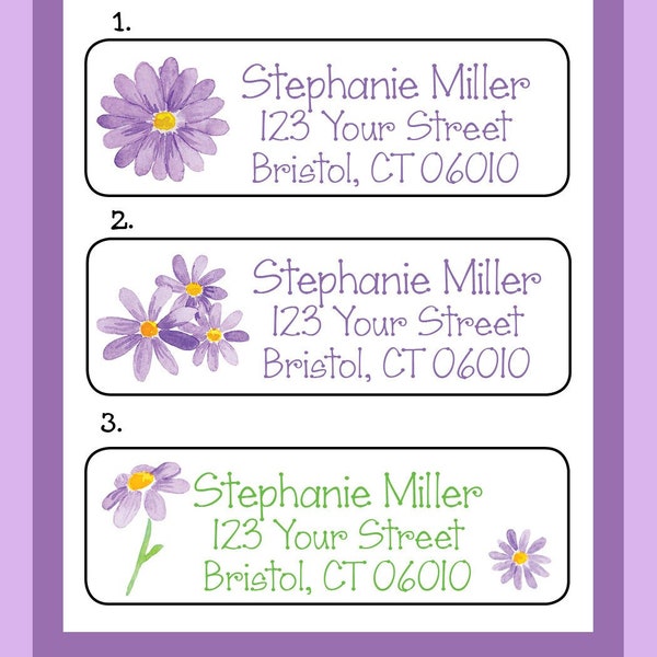 Personalized ADDRESS Labels PURPLE Watercolor DAISIES, Property of, Sets of 30 Personalized Return Labels