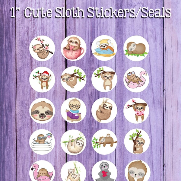 1" Round Cute SLOTH Designs STICKERS / Seals, 63 Sloth Stickers 20 Styles